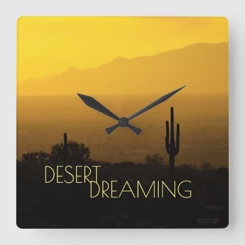 Arizona Sunset Golden Amber Cactus Desert Dreaming Square Wall Clock