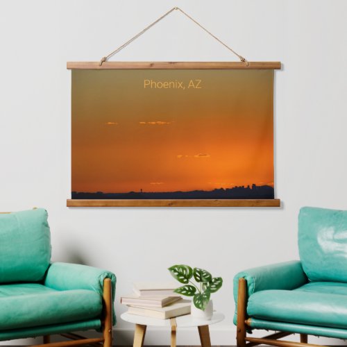 Arizona Sunset In Orange Over Phoenix Skyline Hanging Tapestry