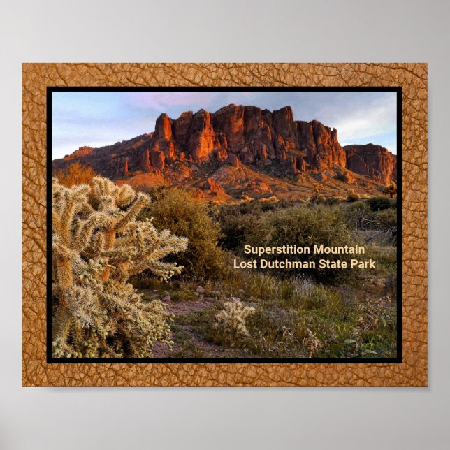 Arizona Superstition Mountain Cactus Faux Leather Poster (Front)