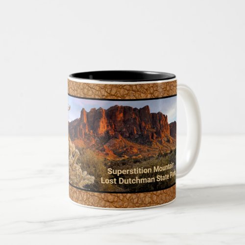 Arizona Superstition Mountain Cactus Faux Leather Two_Tone Coffee Mug