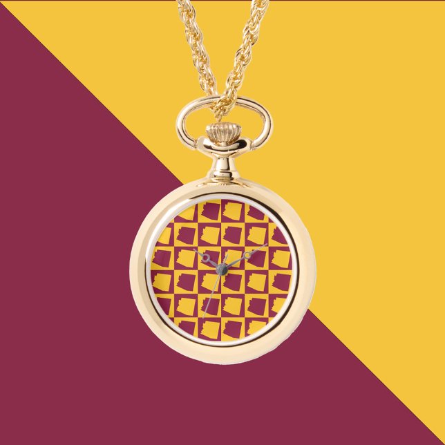 Arizona US State Maroon and Gold Pattern Watch (A maroon and gold pattern featuring Arizona on a watch necklace.)