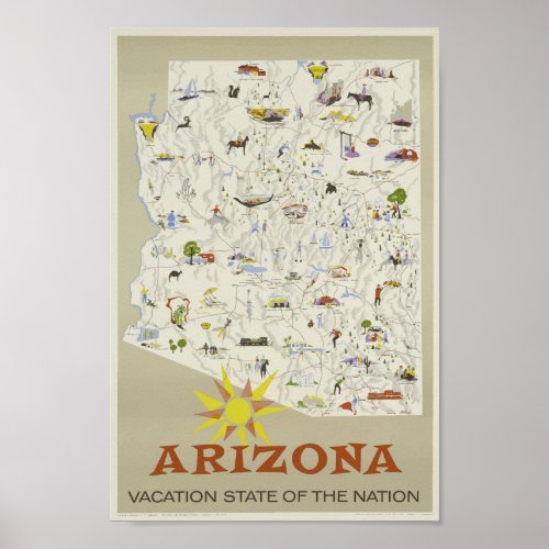 Arizona USA Map Vintage Travel Poster