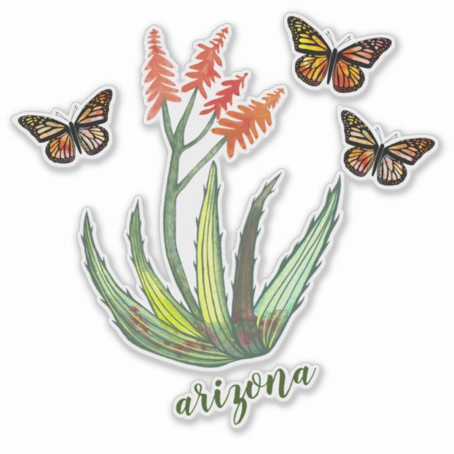 ARIZONA Watercolor Aloe Vera Succulent Butterflies Sticker (Front)