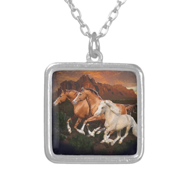 Arizona Wild horses Silver Plated Necklace (Front)