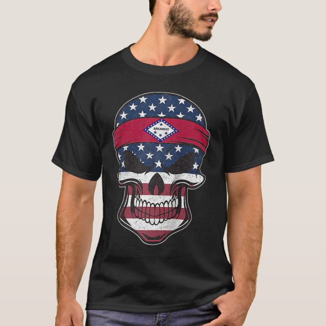 Arkansas American Flag Skull  State Flag Arkansas  T-Shirt (Front)