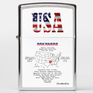 Arkansas American state on a map and useful info Zippo Lighter