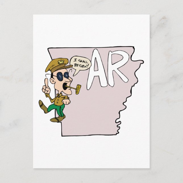 Arkansas AR Map & Douglas MacArthur Cartoon Postcard (Front)