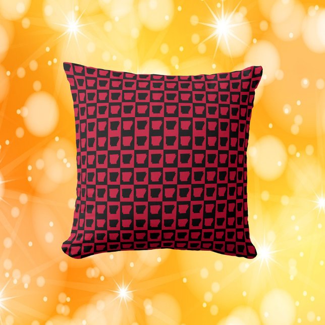 Arkansas Black and Red Pattern Throw Pillow (A throw pillow with a red and black checker pattern featuring the US state of Arkansas.)