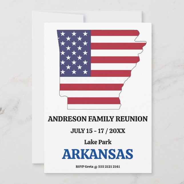 ARKANSAS FAMILY REUNION STATE MAP USA Flag Invitation (Front)