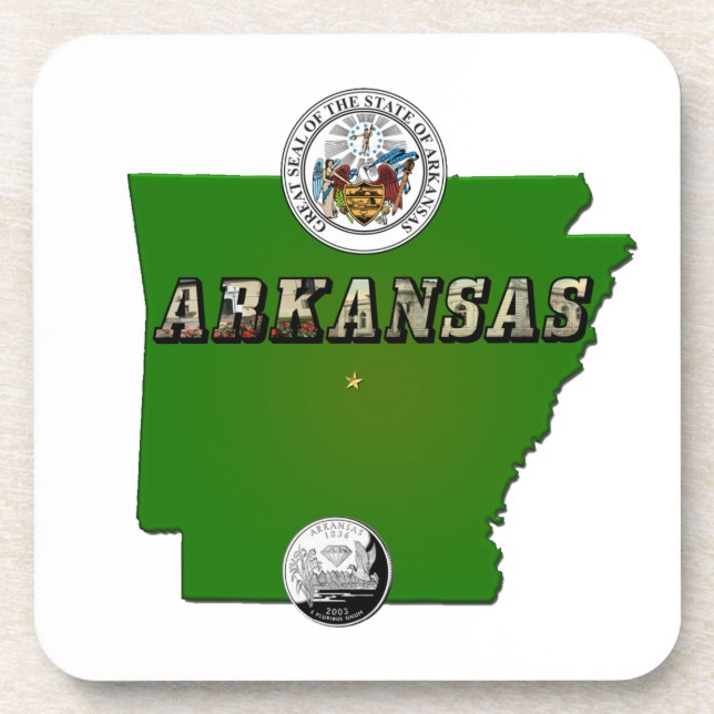 Arkansas Map, Seal and State Faux Quarter Beverage Coaster (Front)