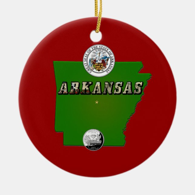 Arkansas Map, Seal and State Faux Quarter Ceramic Ornament (Front)