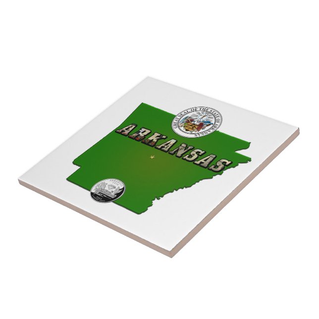 Arkansas Map, Seal and State Faux Quarter Ceramic Tile (Side)