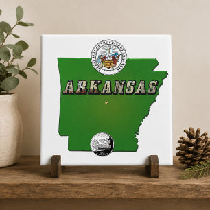 Arkansas Map, Seal and State Faux Quarter Ceramic Tile