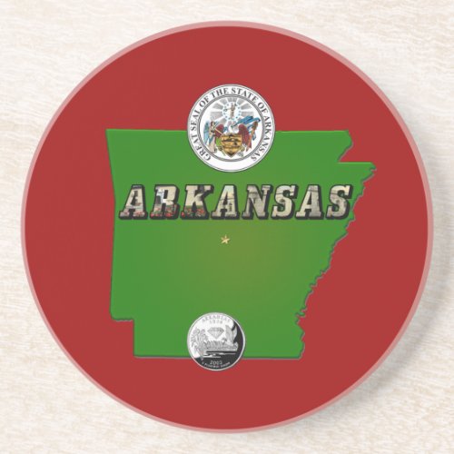 Arkansas Map Seal and State Faux Quarter Drink Coaster