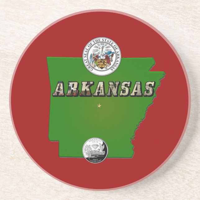 Arkansas Map, Seal and State Faux Quarter Drink Coaster (Front)