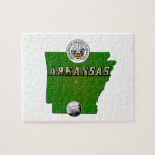 Arkansas Map, Seal and State Faux Quarter Jigsaw Puzzle