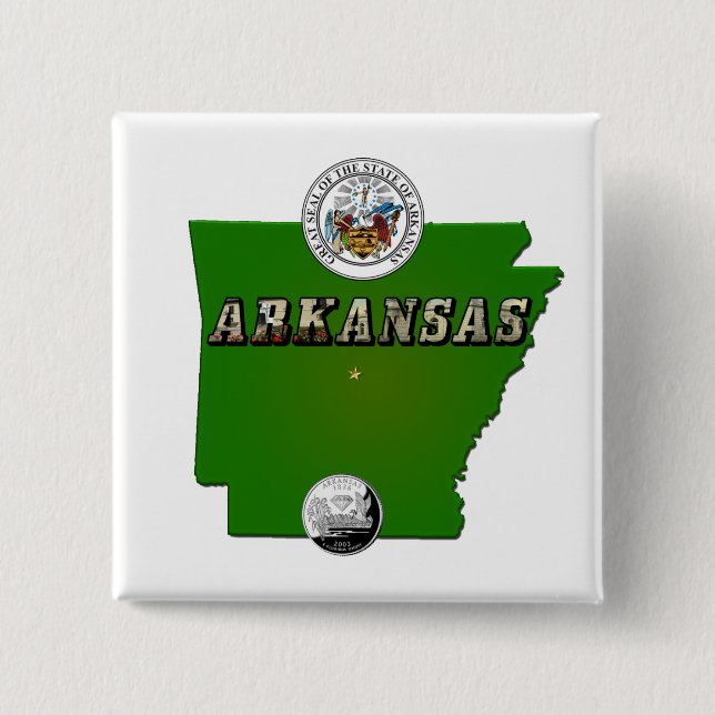 Arkansas Map, Seal and State Faux Quarter Pinback Button (Front)