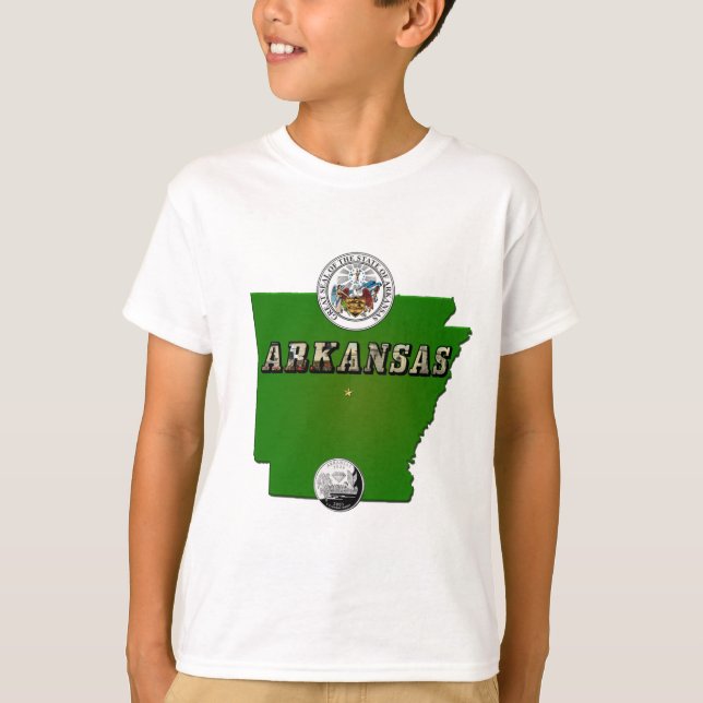 Arkansas Map, Seal and State Faux Quarter T-Shirt (Front)
