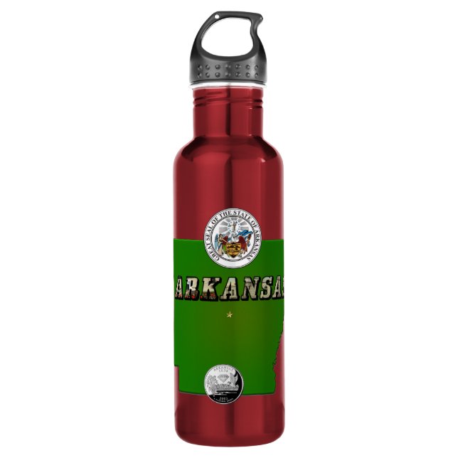 Arkansas Map, Seal and State Quarter Water Bottle (Front)