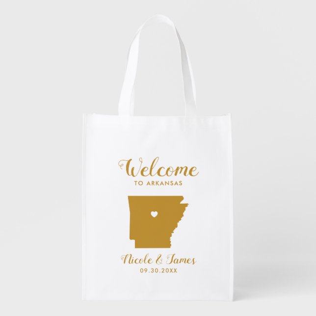 Arkansas Map Wedding Welcome Bag, Gold Grocery Bag (Front)