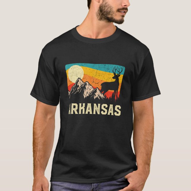 Arkansas Nature Wild Deer Retro Sunset Hiking T-Shirt (Front)