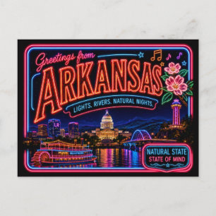 Arkansas Neon State Retro Vintage Postcard