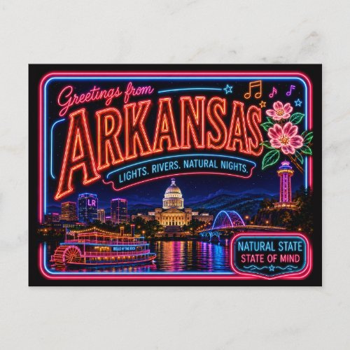 Arkansas Neon State Retro Vintage Postcard