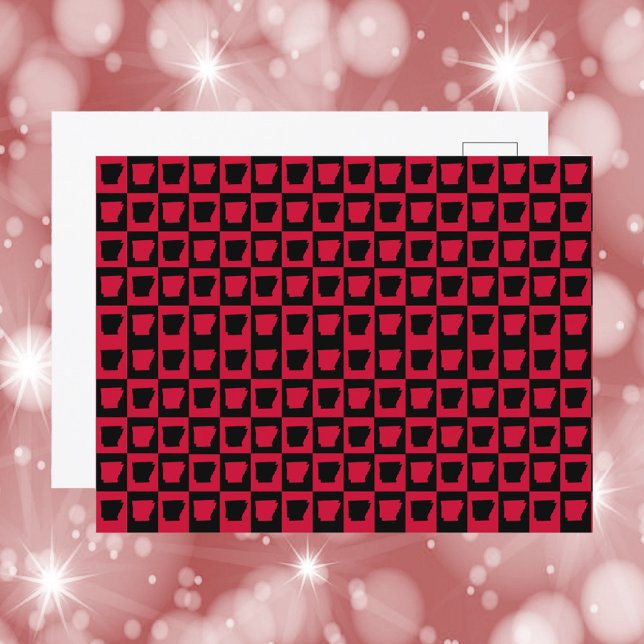 Arkansas Pattern Red and Black Postcard (A postcard featuring a pop art pattern of the state of Arkansas in red and black.)