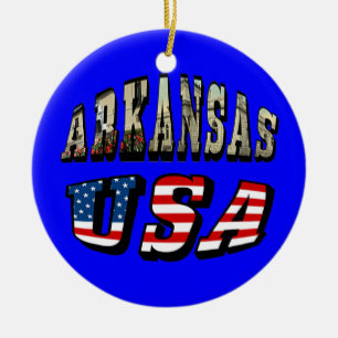Arkansas Picture and USA Flag Text Ceramic Ornament