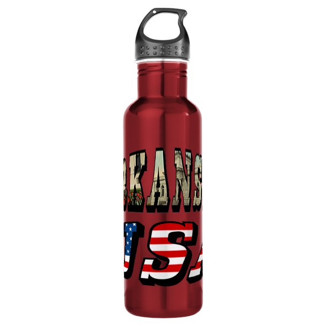 Arkansas Picture and USA Flag Text Stainless Steel Water Bottle (Front)
