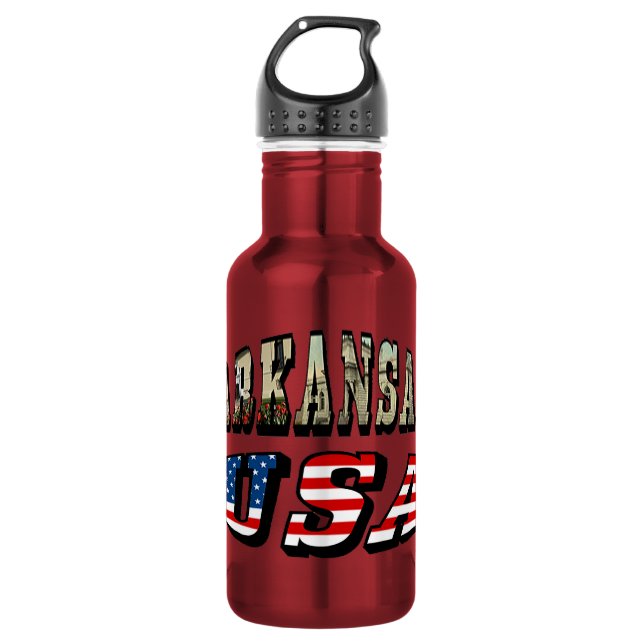 Arkansas Picture and USA Flag Text Stainless Steel Water Bottle (Front)