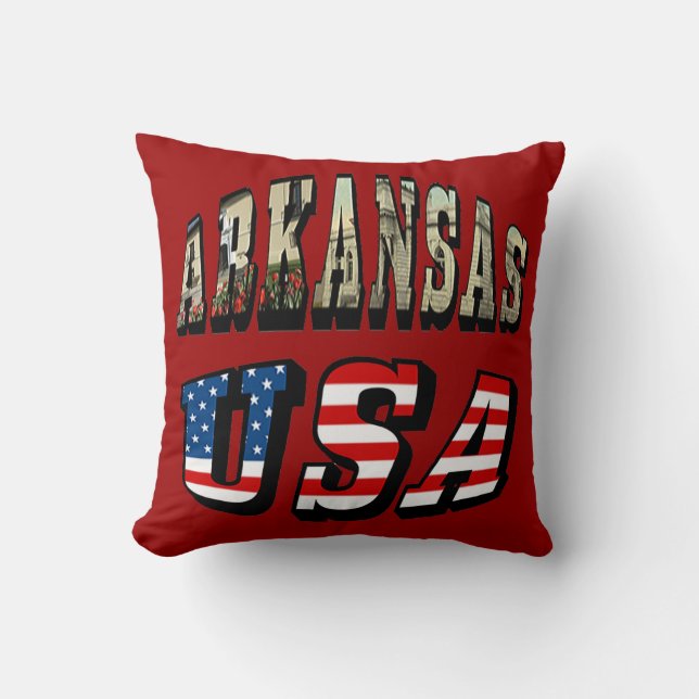 Arkansas Picture and USA Flag Text Throw Pillow (Front)