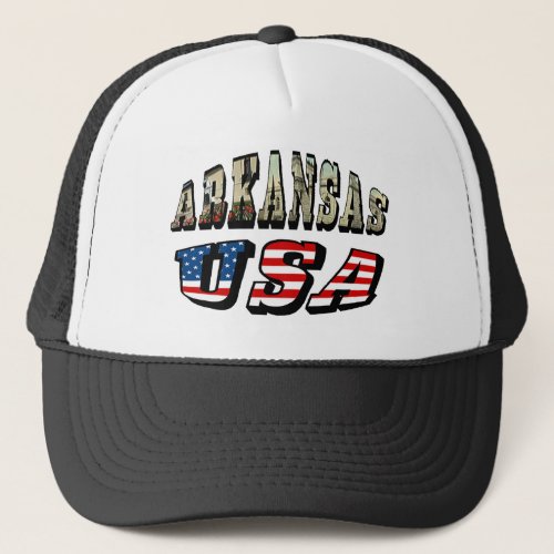Arkansas Picture and USA Flag Text Trucker Hat