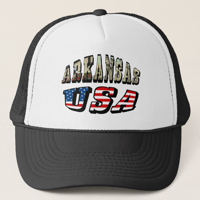 Arkansas Picture and USA Flag Text Trucker Hat (Front)