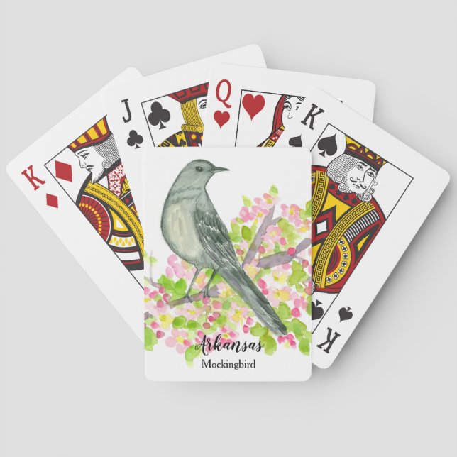 Arkansas State Bird Mockingbird Pink Flowers Poker Cards (Back)