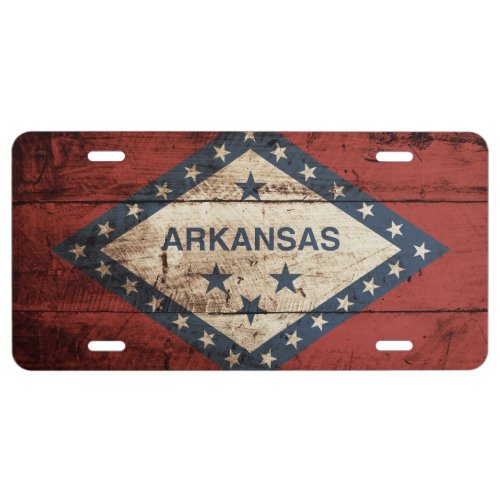 Arkansas State Flag on Old Wood Grain License Plate