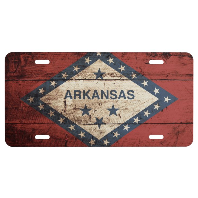Arkansas State Flag on Old Wood Grain License Plate (Front)
