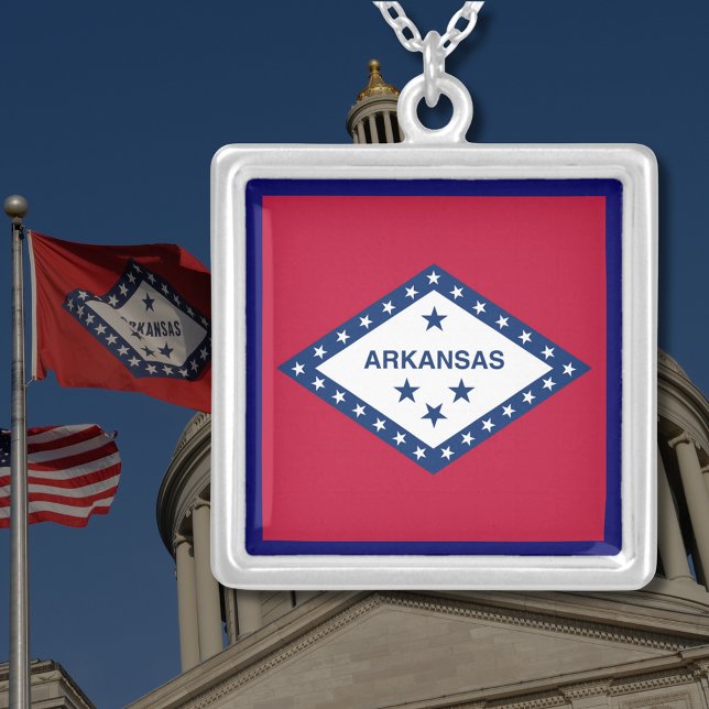 Arkansas State Flag Silver Plated Necklace (Arkansas State Flag Square Silver Plated Necklace)