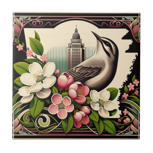 Arkansas State Flower and Bird Blue Pink Ceramic Tile (Front)