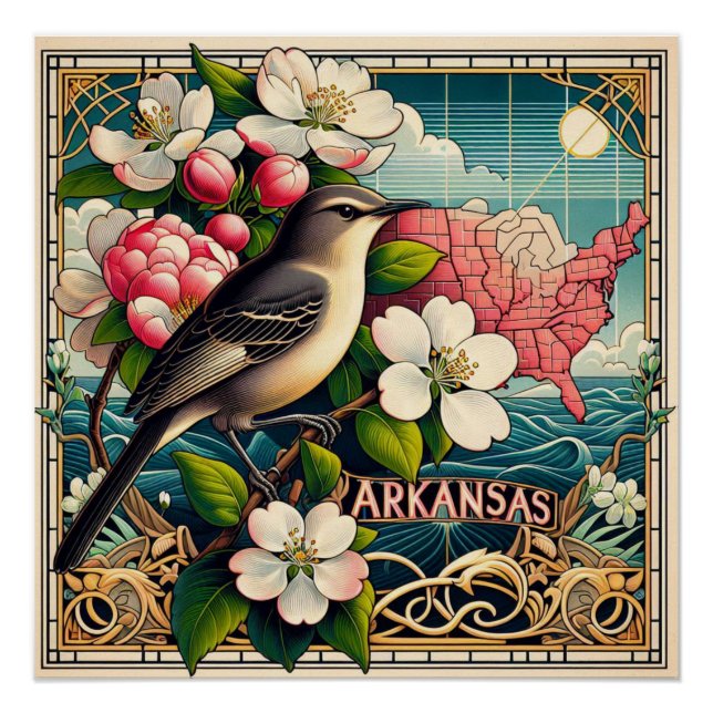 Arkansas State Flower and Bird Design Blue Red Poster (Front)