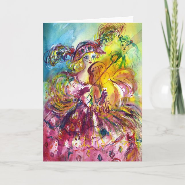 ARLECCHINA  VIOLINIST / Venetian Carnival Night Holiday Card (Front)