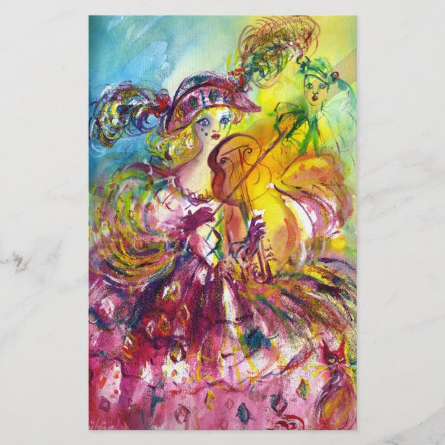 ARLECCHINA  VIOLINIST / Venetian Carnival Night Stationery (Front)