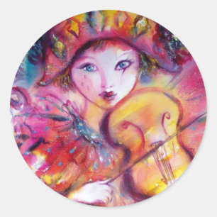 ARLECCHINO AND COLOMBINA ,Pink Fuchsia Yellow Blue Classic Round Sticker