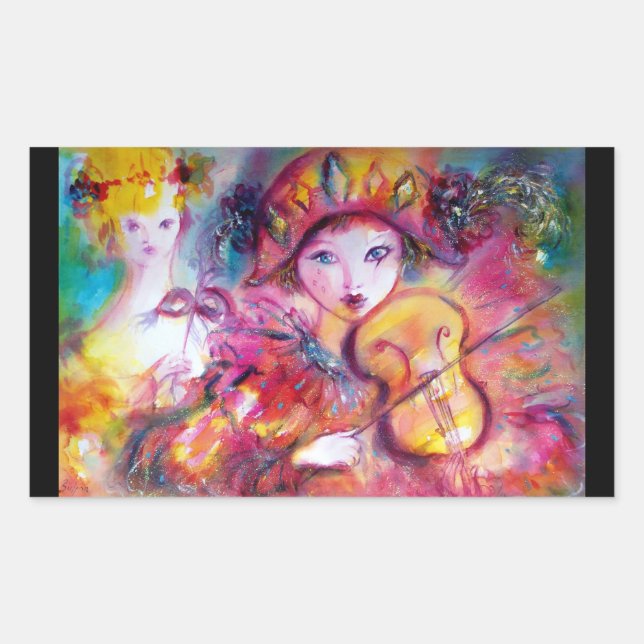 ARLECCHINO AND COLOMBINA ,Pink Fuchsia Yellow Blue Rectangular Sticker (Front)