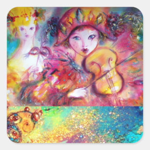 ARLECCHINO AND COLOMBINA ,Pink Fuchsia Yellow Blue Square Sticker