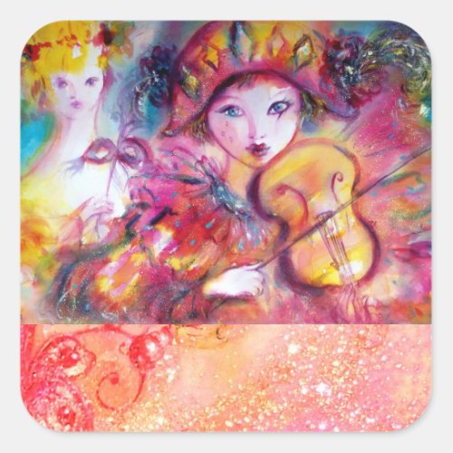 ARLECCHINO AND COLOMBINA Pink Fuchsia Yellow Blue Square Sticker