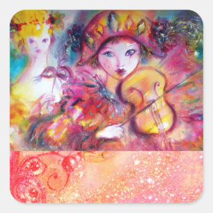 ARLECCHINO AND COLOMBINA ,Pink Fuchsia Yellow Blue Square Sticker