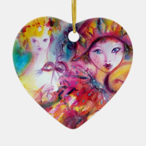 ARLECCHINO AND COLOMBINA pink red Heart Ceramic Ornament
