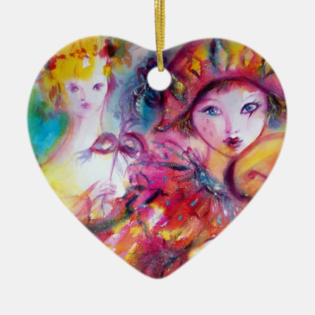 ARLECCHINO AND COLOMBINA pink red Heart Ceramic Ornament (Front)