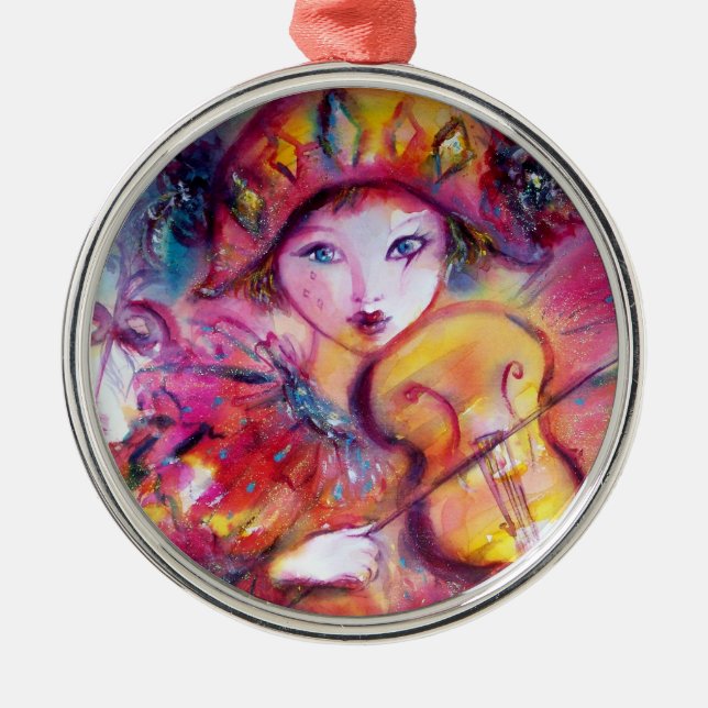 ARLECCHINO AND COLOMBINA pink red Heart Metal Ornament (Front)